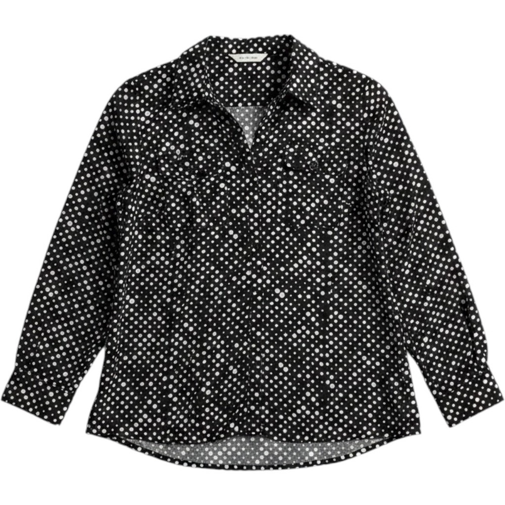 NY Collection Woman Blouse 1X Black White Polka Dot Button Up Office Church Work